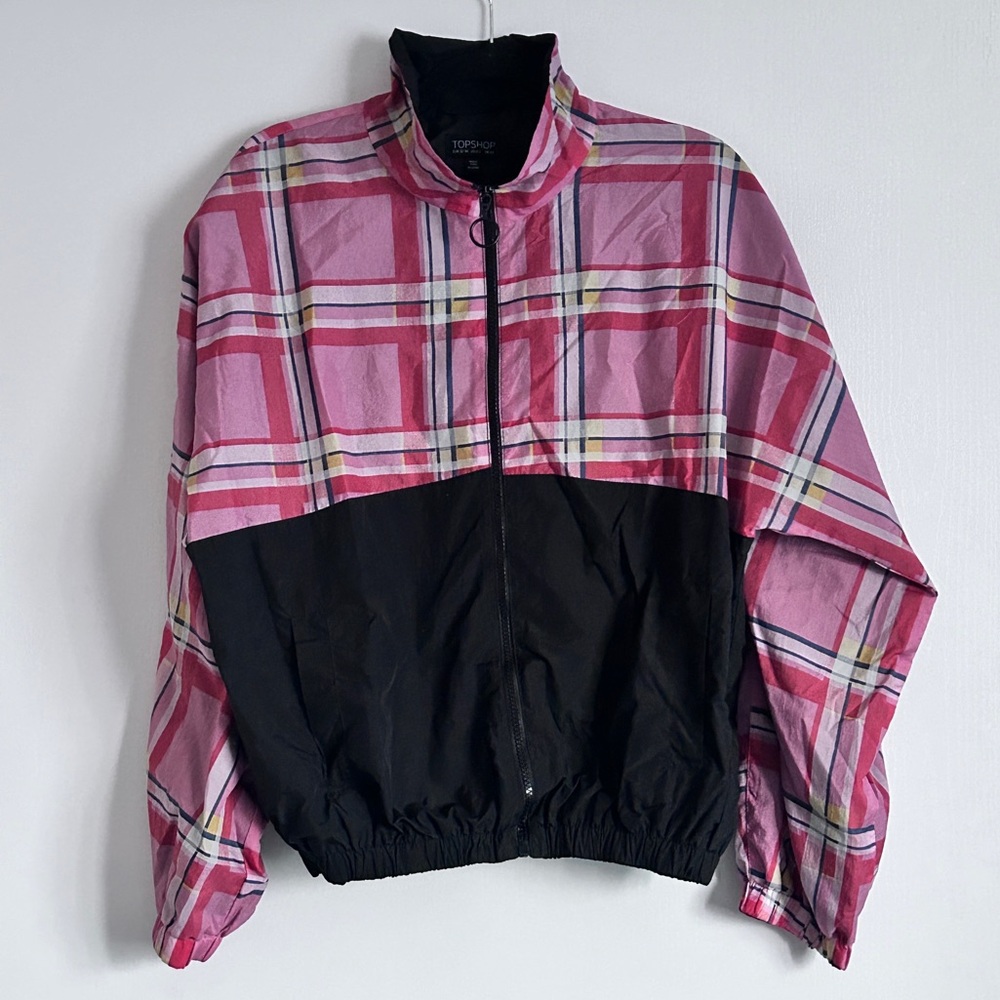 Topshop XS/S Plaid Check Pink & Black Windbreaker Jacket